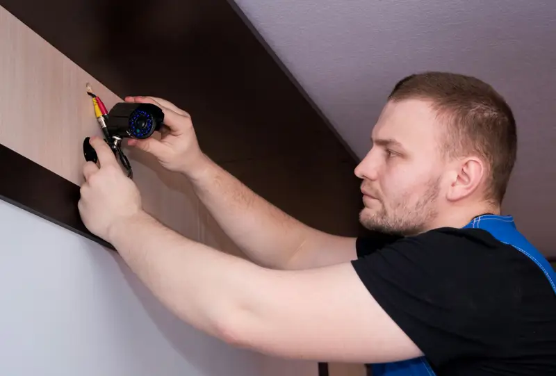 Elektroniker montiert eine Überwachungskamera unter dem Dachüberstand