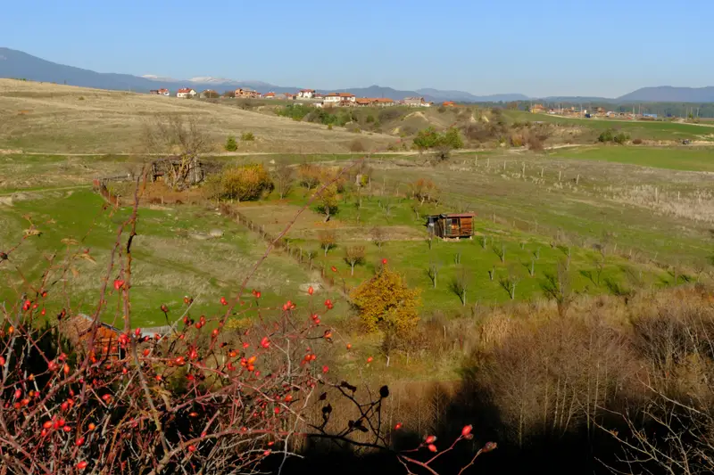 Hügelige Landschaft mit Wiesen, Hecken und Dörfern in der Ferne