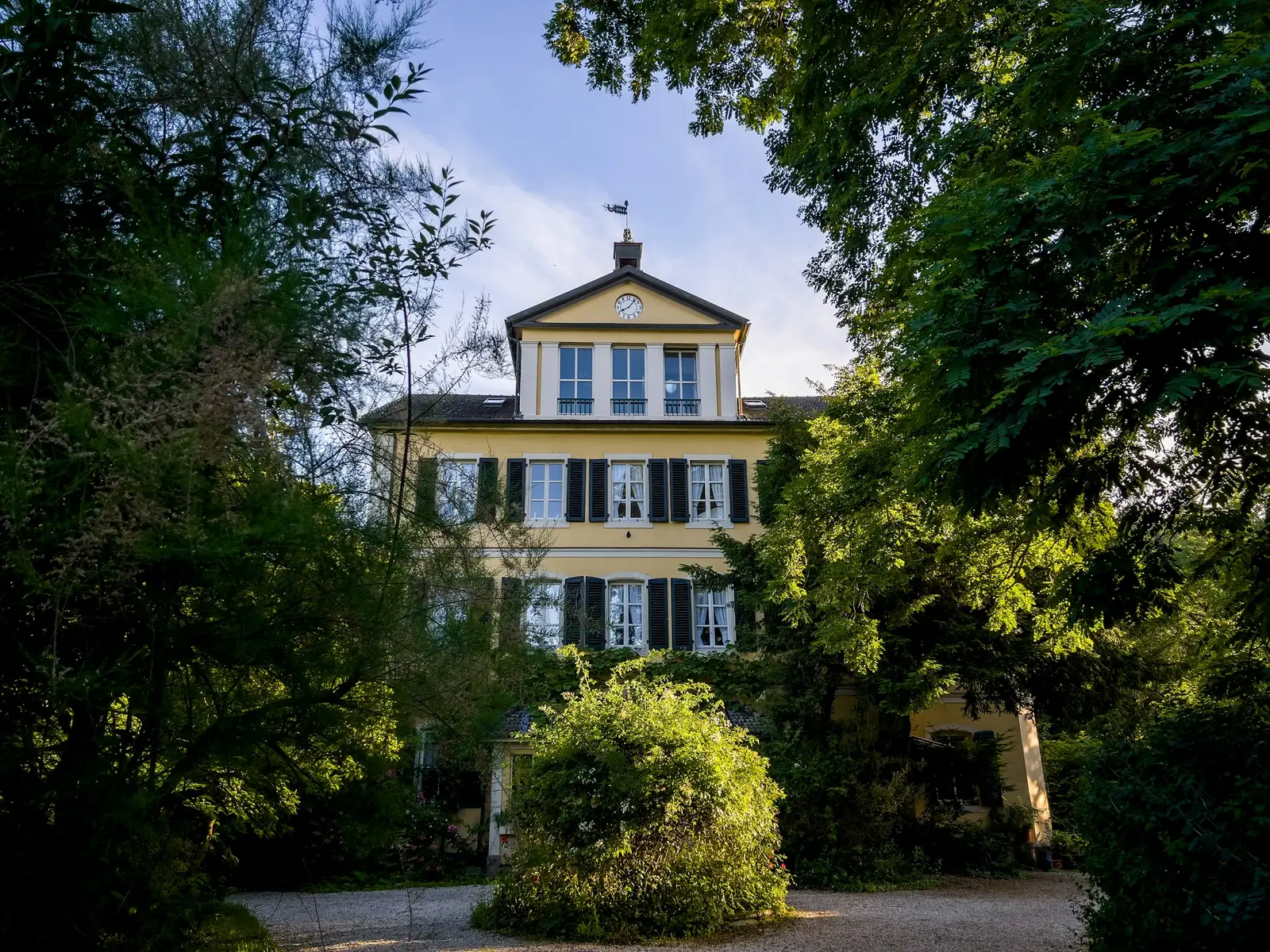 Gelbes Wohnhaus mit grünen Fensterläden hinter altem Garten