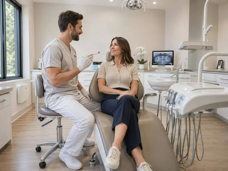 Zahnarzt im Gespräch mit einer Patientin, die entspannt auf dem Behandlungsstuhl sitzt