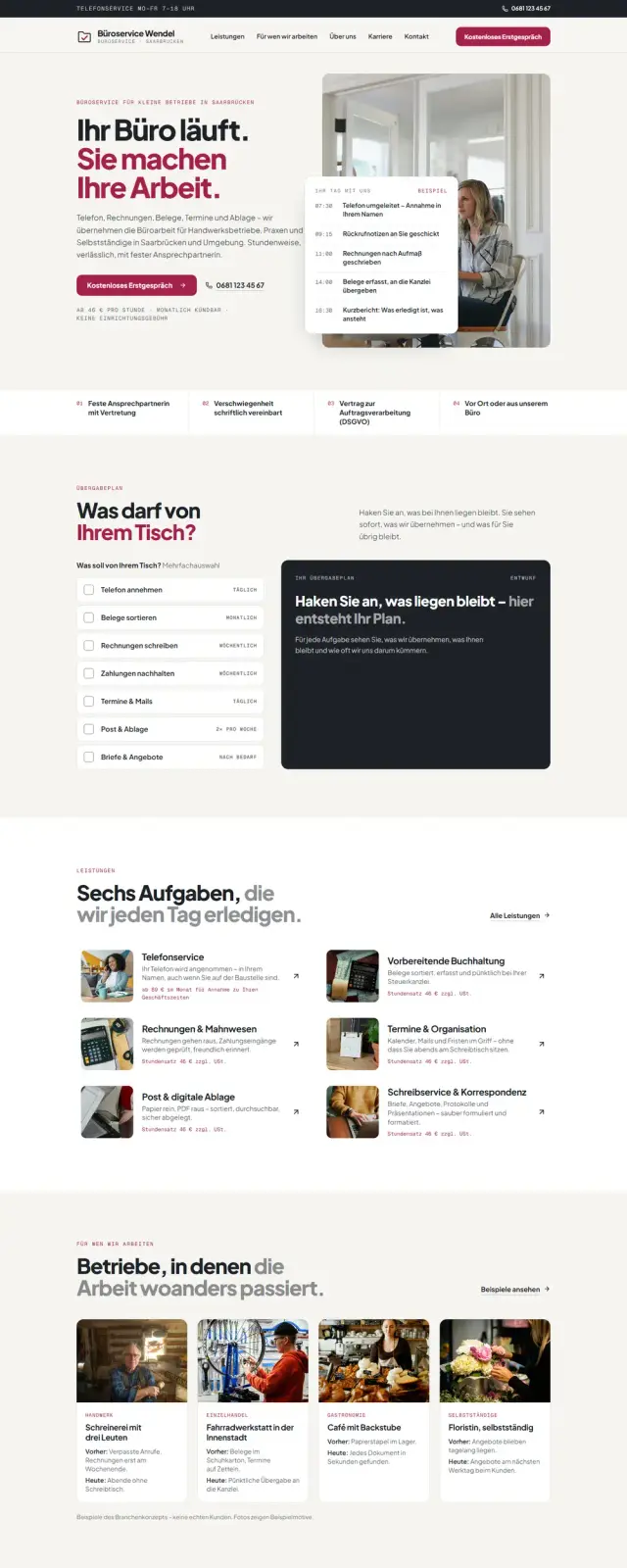 Startseite der Beispiel-Website Büroservice Wendel in der Desktop-Ansicht