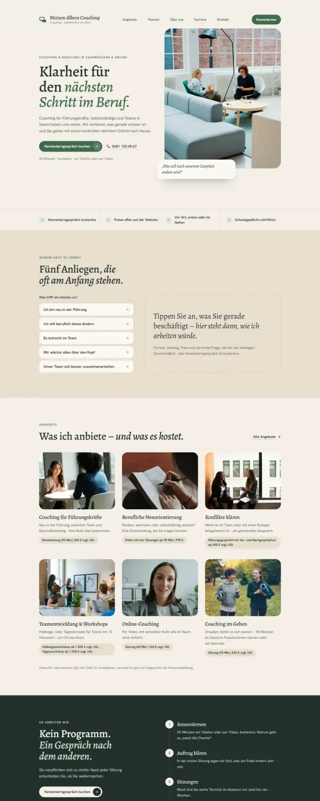 Startseite der Beispiel-Website Miriam Albers Coaching in der Desktop-Ansicht