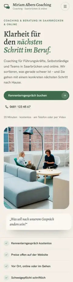 Startseite von Miriam Albers Coaching in der Handy-Ansicht