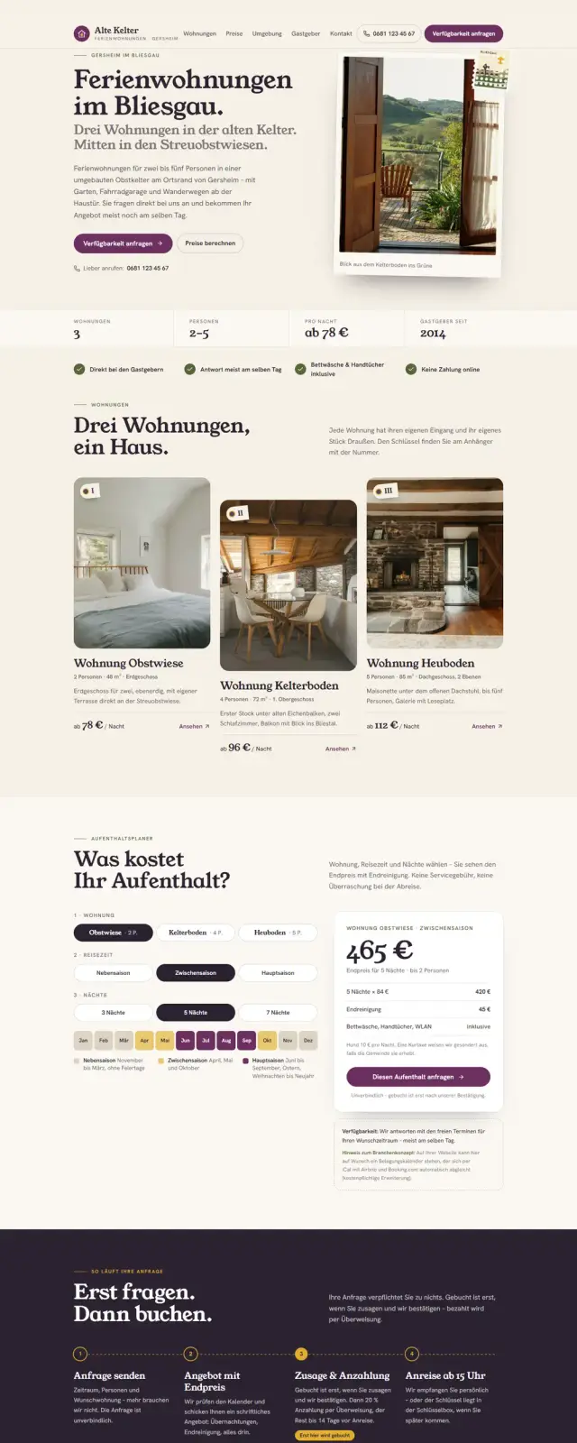 Startseite der Beispiel-Website Ferienwohnungen Alte Kelter in der Desktop-Ansicht