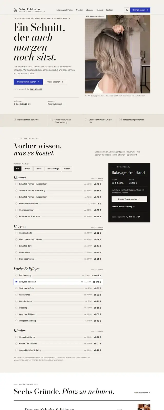 Startseite der Beispiel-Website Salon Feldmann in der Desktop-Ansicht