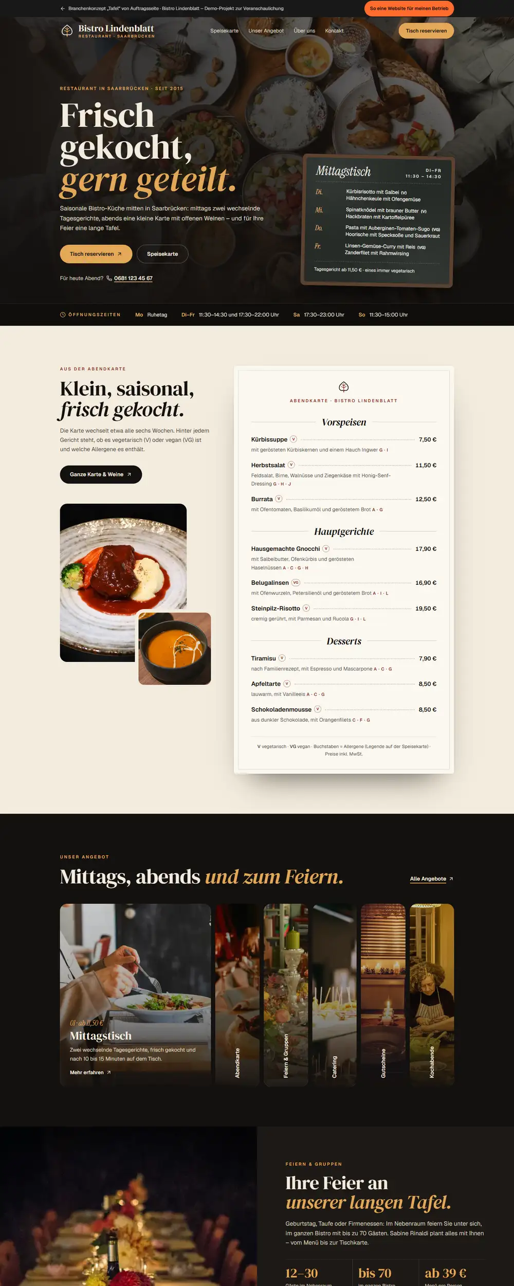 Startseite der Beispiel-Website Bistro Lindenblatt