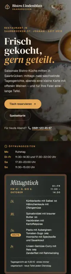 Startseite von Bistro Lindenblatt in der Handy-Ansicht