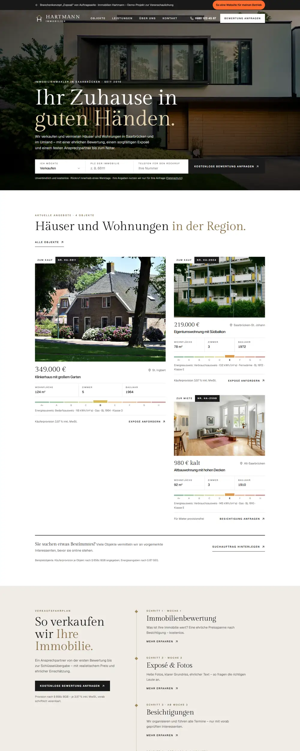 Startseite der Beispiel-Website Immobilien Hartmann