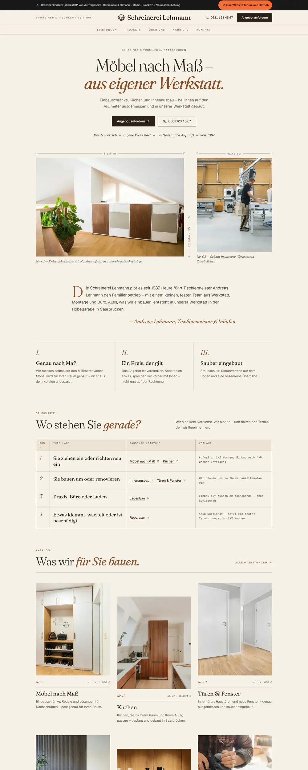 Startseite der Beispiel-Website Schreinerei Lehmann