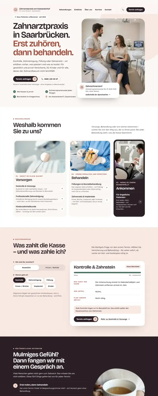 Startseite der Beispiel-Website Zahnarztpraxis am Kastanienhof in der Desktop-Ansicht