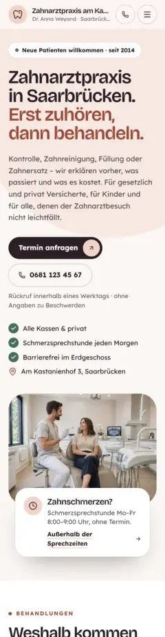 Startseite von Zahnarztpraxis am Kastanienhof in der Handy-Ansicht